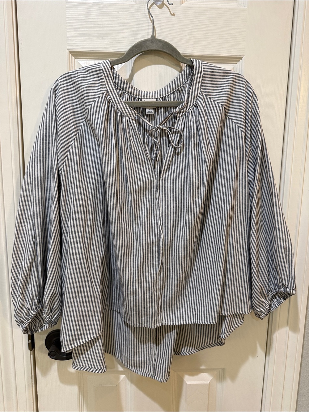 a new day Striped Tie-Neck Peasant Top - Gray & White